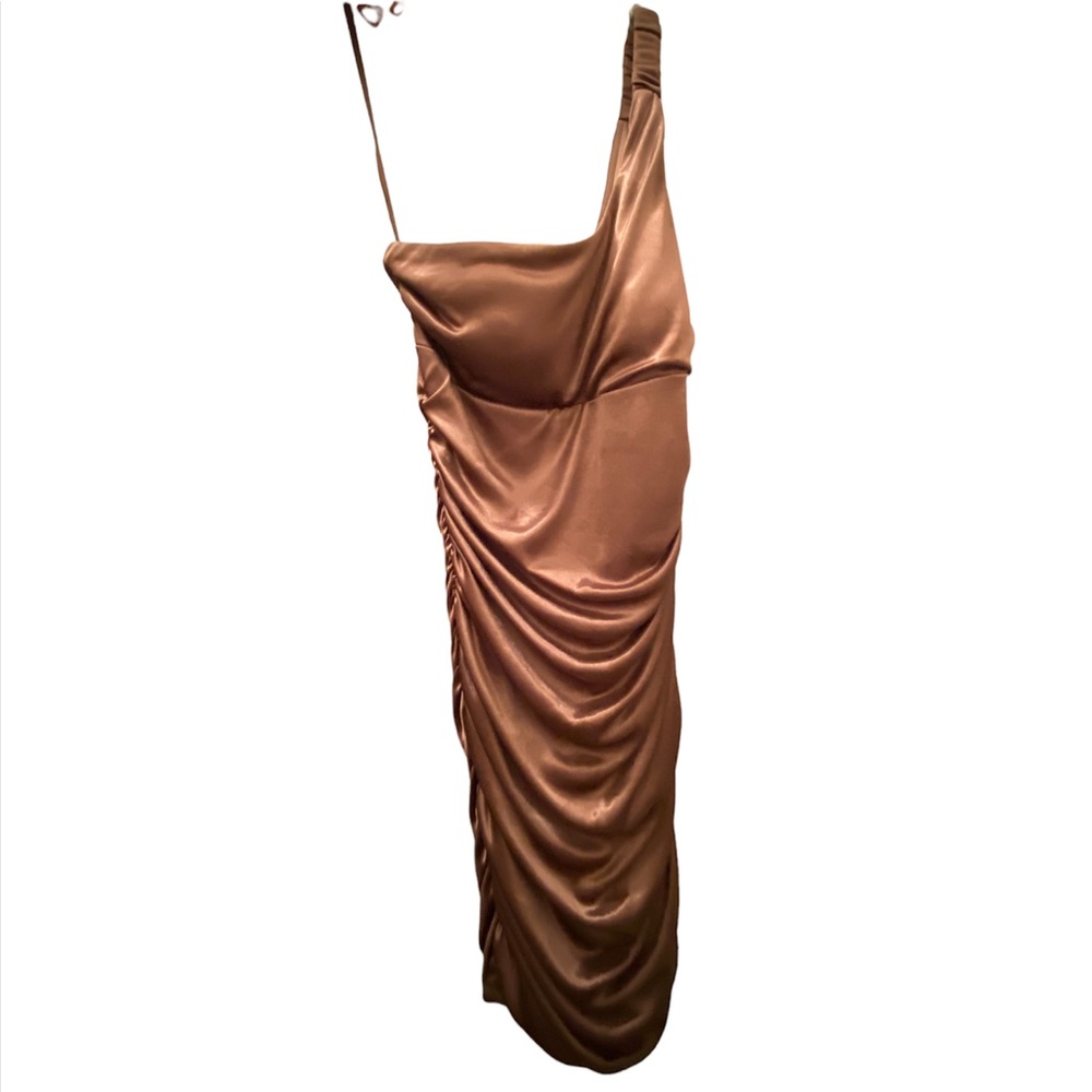 Poly 👗One Shoulder Brown Copper Color Dress - Picture 4 of 8